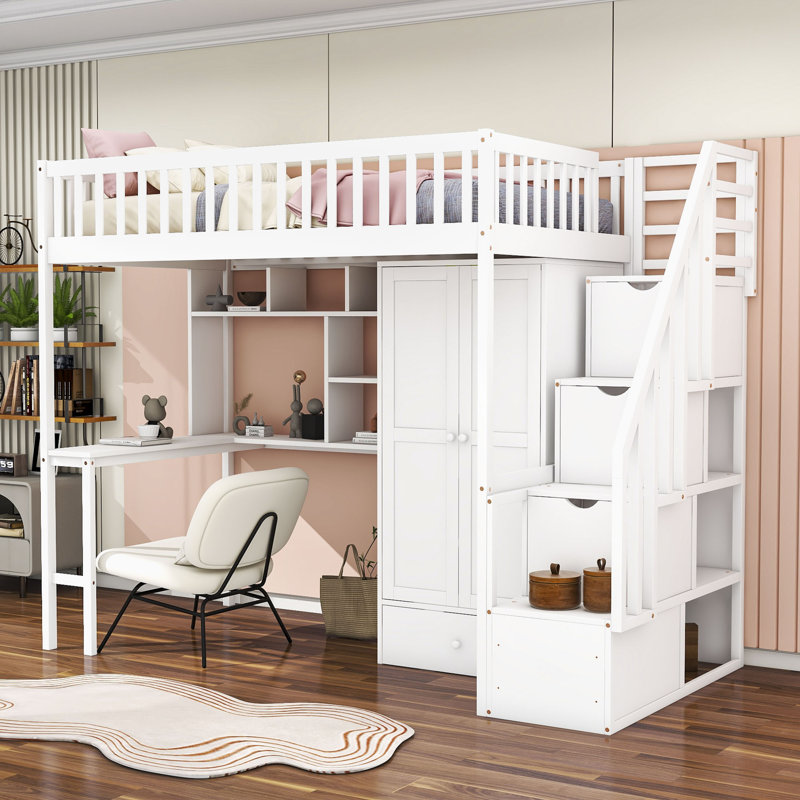 Harriet Bee Gonul Wooden Loft Bed With BuiltIn Desk, Wardrobe and